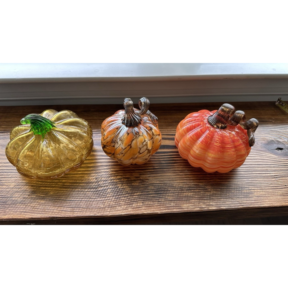 Set Of 3 Different Colorful Hand Blown Art Glass Pumpkins